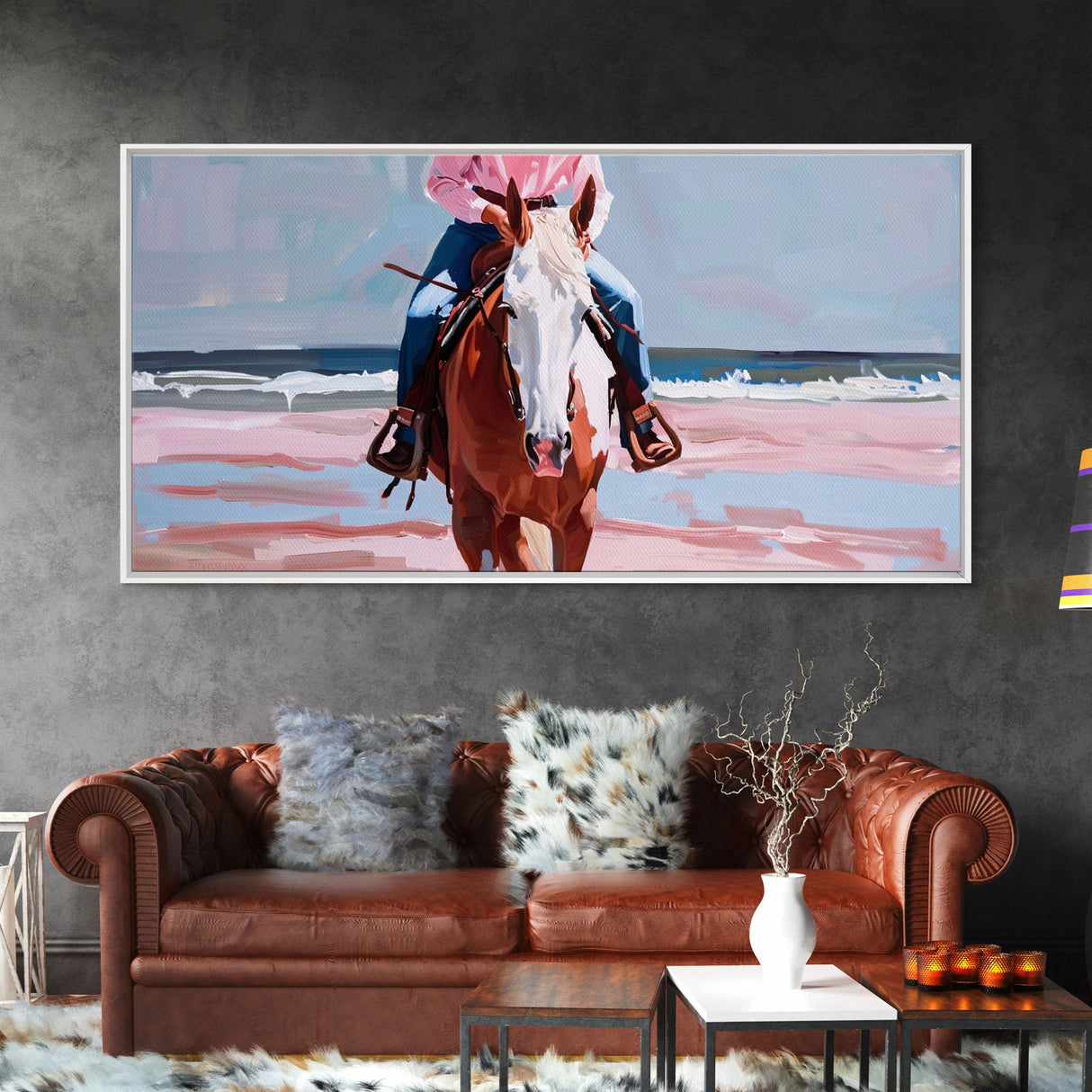 Serene Beach Horse Riding Scene, Elegant Framed Canvas Print, Ideal for Coastal Living Room Art, Beach Bedroom Decor, Horse Wall Art