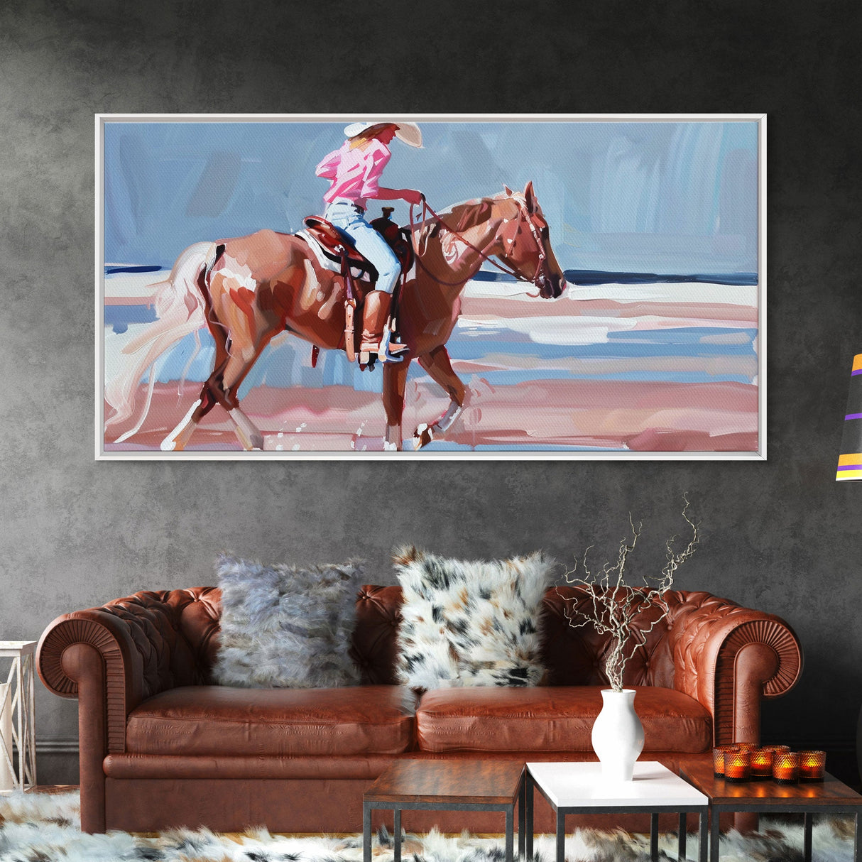 Woman Riding Horse on Beach, Peaceful Framed Canvas Print, Great for Coastal Living Room Art, Beach Bedroom Decor, Equestrian Wall Art