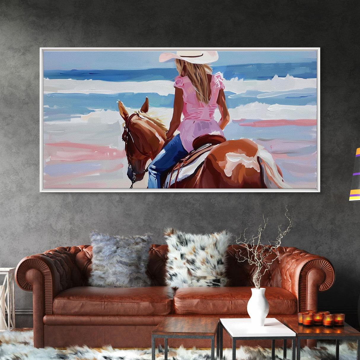 Cowgirl Riding Horse by the Ocean, Tranquil Framed Canvas Print, Perfect for Coastal Living Room Art, Beach Bedroom Decor, Horse Wall Art