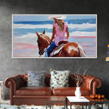 Cowgirl Riding Horse by the Ocean, Tranquil Framed Canvas Print, Perfect for Coastal Living Room Art, Beach Bedroom Decor, Horse Wall Art