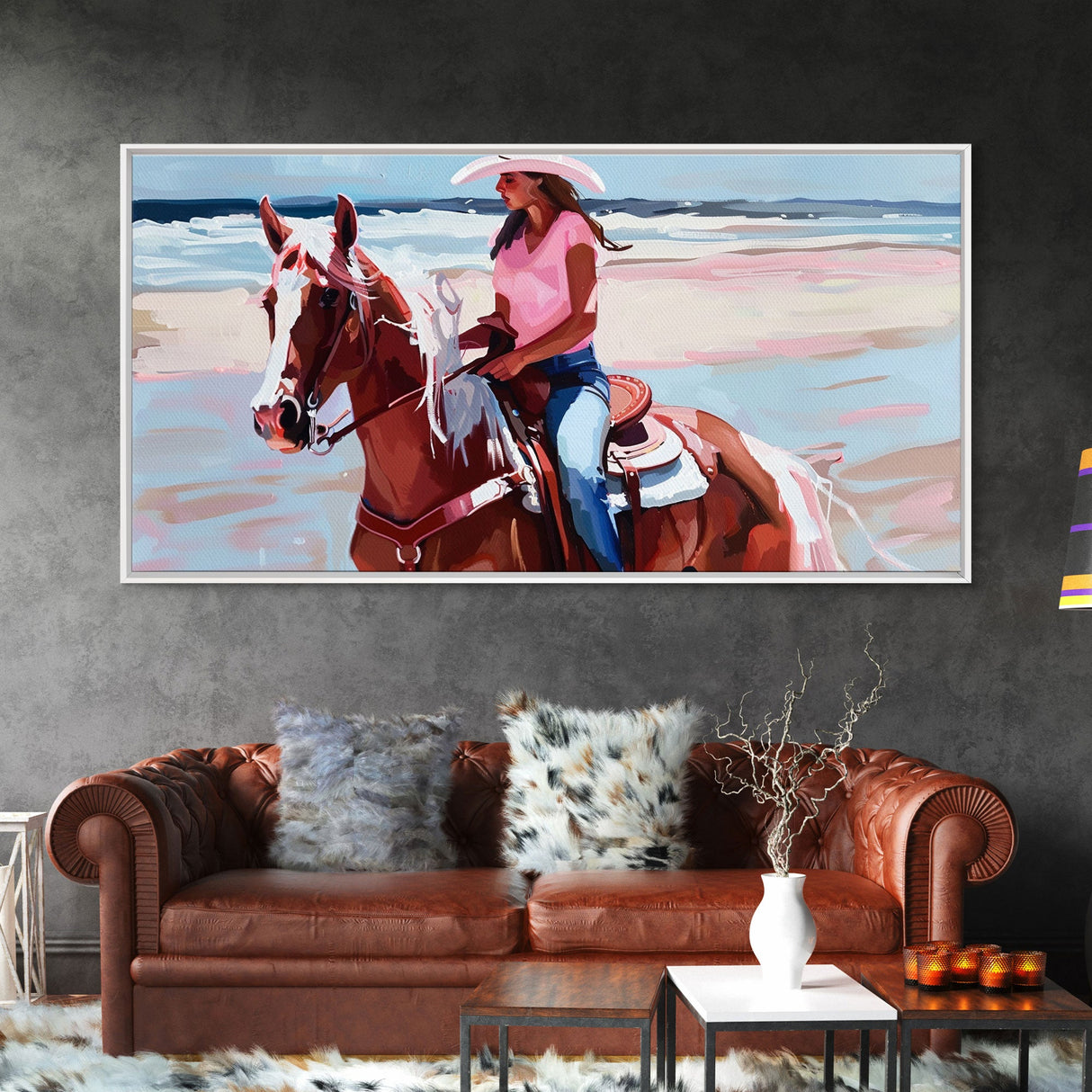 Cowgirl on Horse at the Beach, Stunning Framed Canvas Print, Ideal for Coastal Living Room Art, Beach Bedroom Decor, Equestrian Wall Art