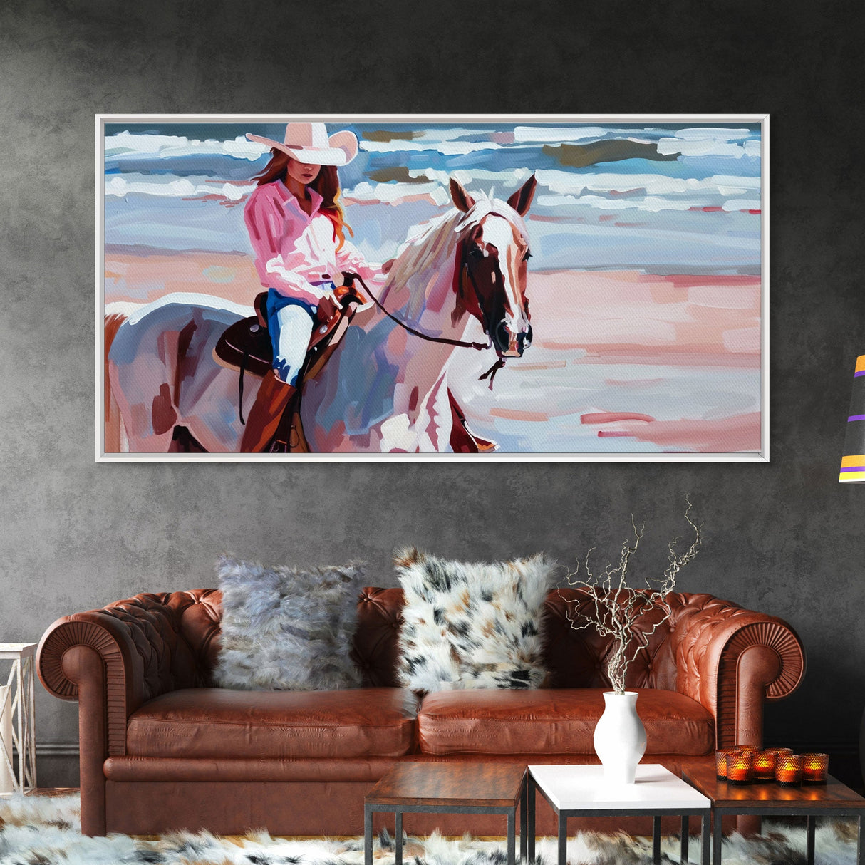 Cowgirl in Pink Shirt Riding Horse by the Sea, Beautiful Framed Canvas Print, Coastal Living Room Art, Beach Bedroom Decor, Horse Art