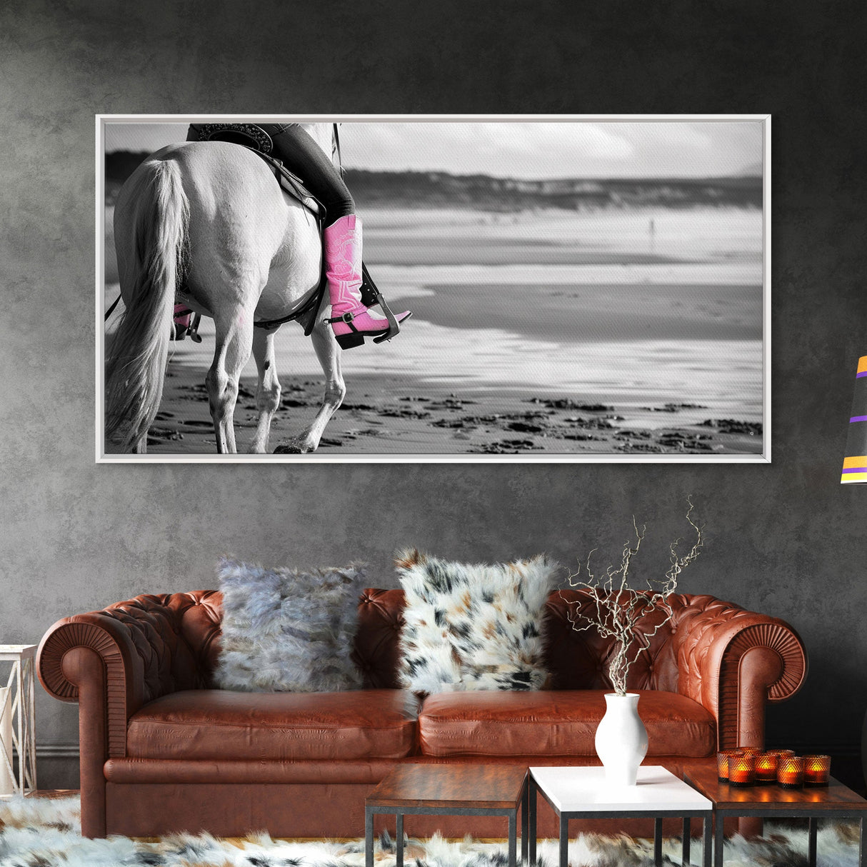 Beach Horseback Rider with Pink Boots, Delightful Framed Canvas Print, Ideal for Living Room or Bedroom Wall Art