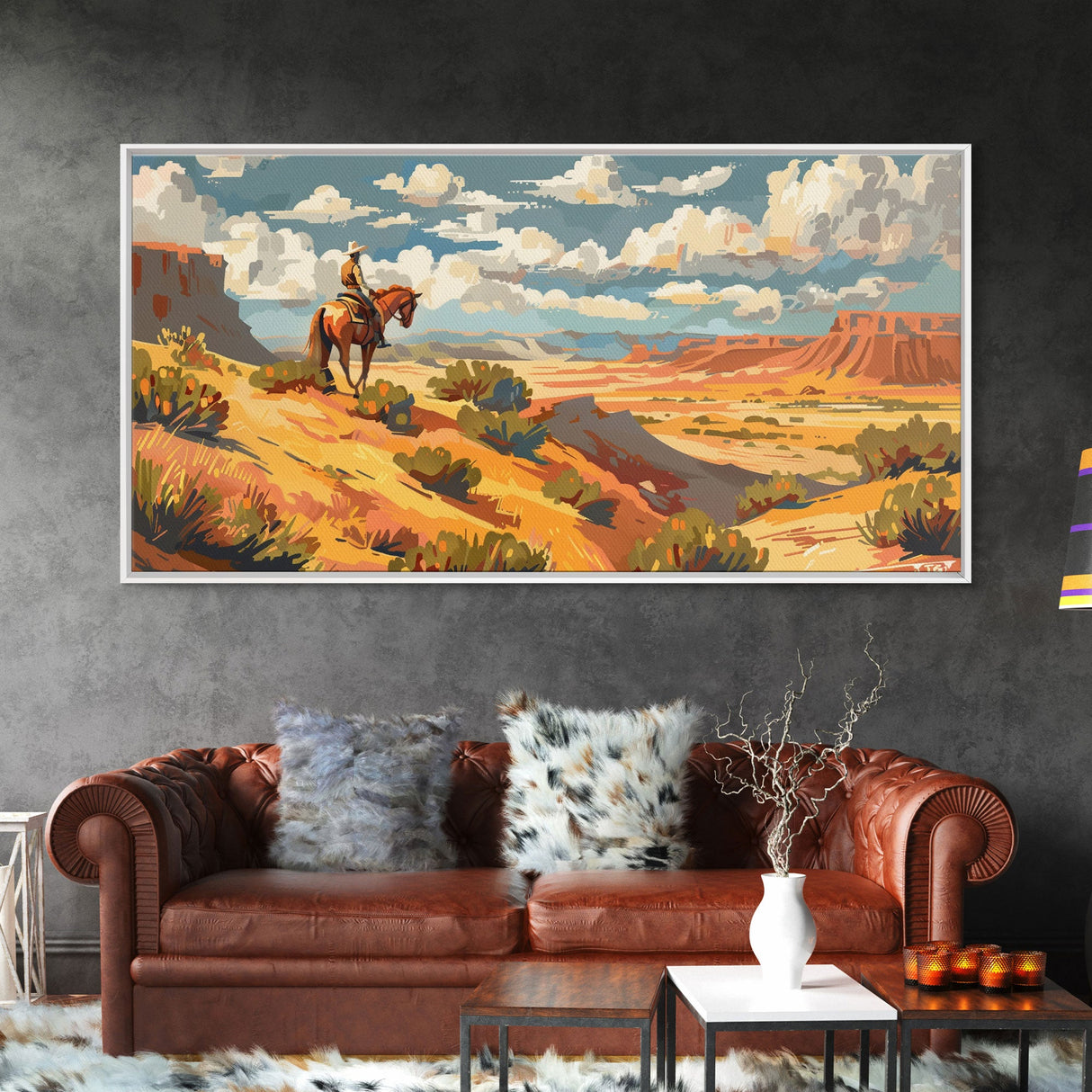 Horseback Rider in Desert Landscape, Perfect for Living Room Art, Framed Canvas Print, Western Wall Art, Home and Bedroom Decor