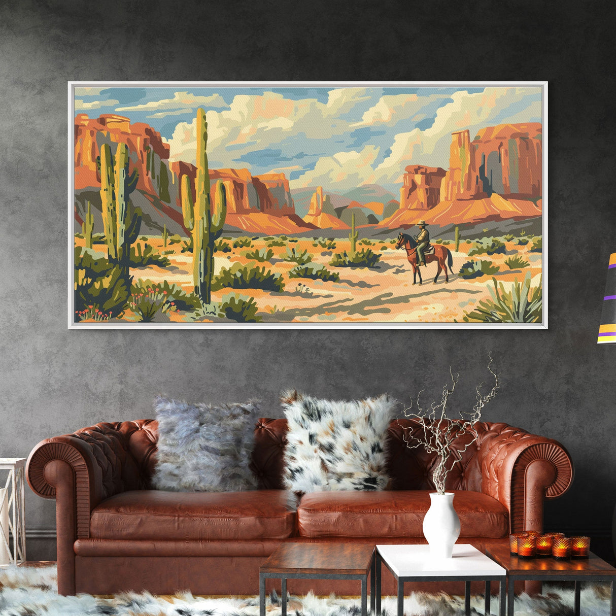 Lone Cowboy in Desert Landscape, Framed Canvas Print, Perfect for Rustic Living Room Art, Western Wall Art, Home and Bedroom Decor