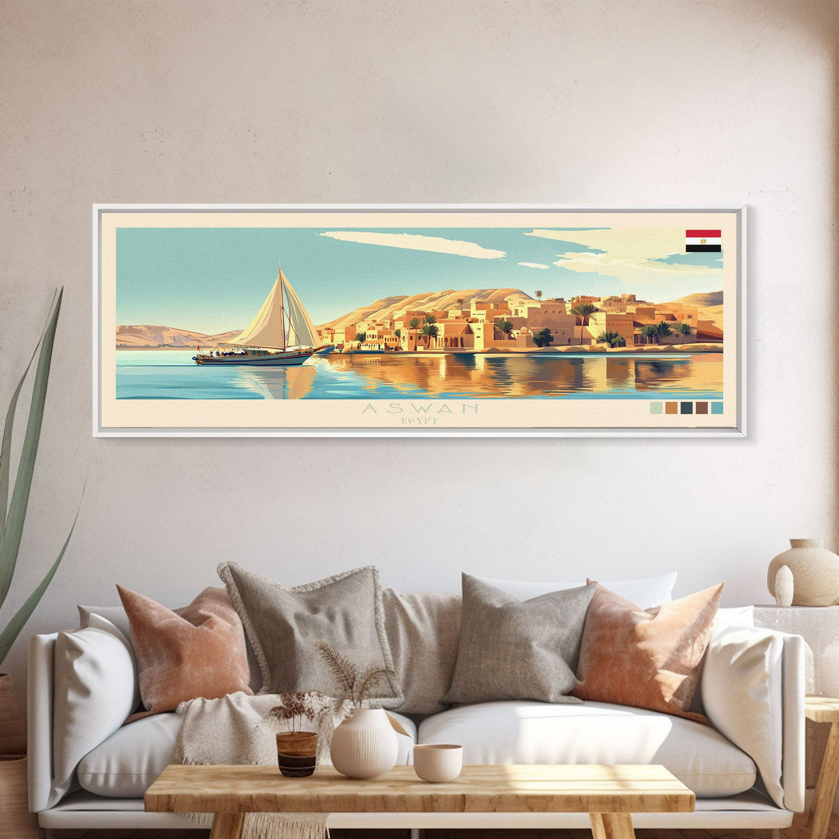 Aswan, Egypt Travel Poster Panoramic Canvas Print, Aswan, Egypt Painting, Egypt Art, Aswan Travel Art, Guest Room Painting