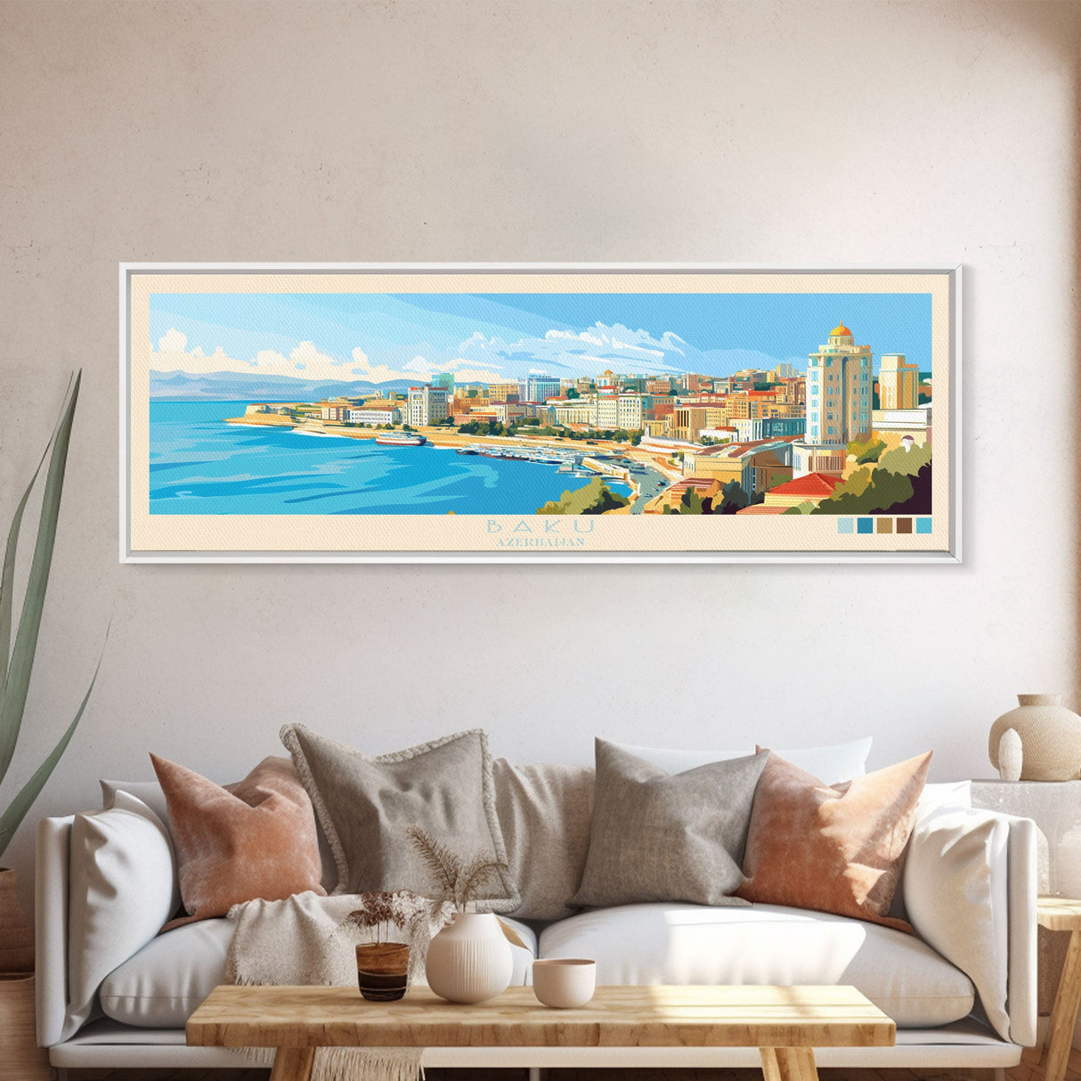 Baku, Azerbaijan Panoramic Travel Poster Canvas Print, Baku, Azerbaijan Painting, Azerbaijan Art, Baku Travel Art, Guest Room Painting