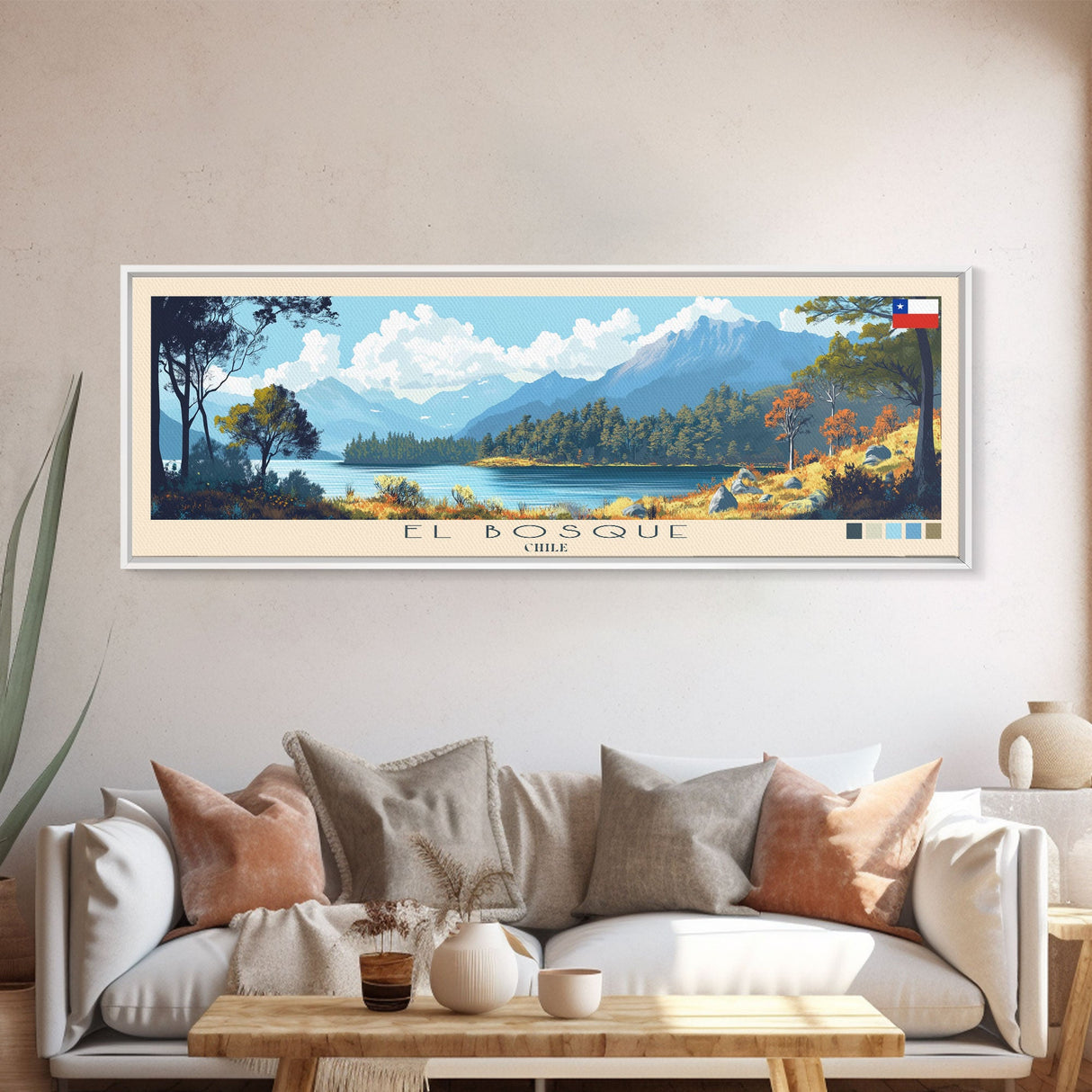 El Bosque, Chile Panoramic Travel Poster Canvas Print, El Bosque, Chile Painting, Chile Art, El Bosque Travel Art, Guest Room Painting