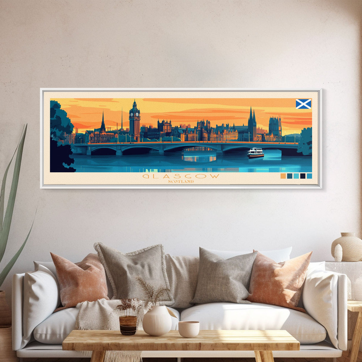 Glasgow, Scotland Panoramic Travel Poster Canvas Print, Glasgow, Scotland Painting, Scotland Art, Glasgow Travel Art, Guest Room Painting