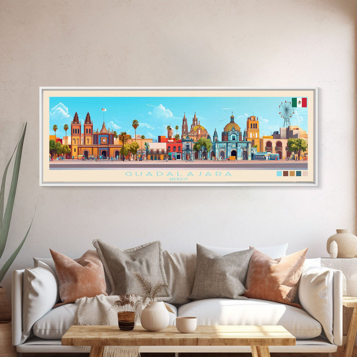 Panoramic Travel Poster Guadalajara, Mexico Canvas Print, Guadalajara, Mexico Painting, Mexico Art, Guadalajara Travel Art, Guest Room Painting