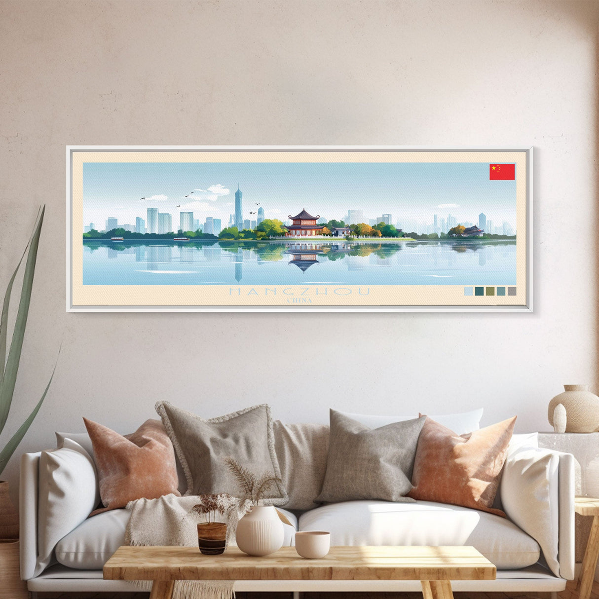 Hangzhou, China Panoramic Travel Poster Canvas Print, Hangzhou, China Painting, China Art, Hangzhou Panoramic Travel Art, Travel Painting