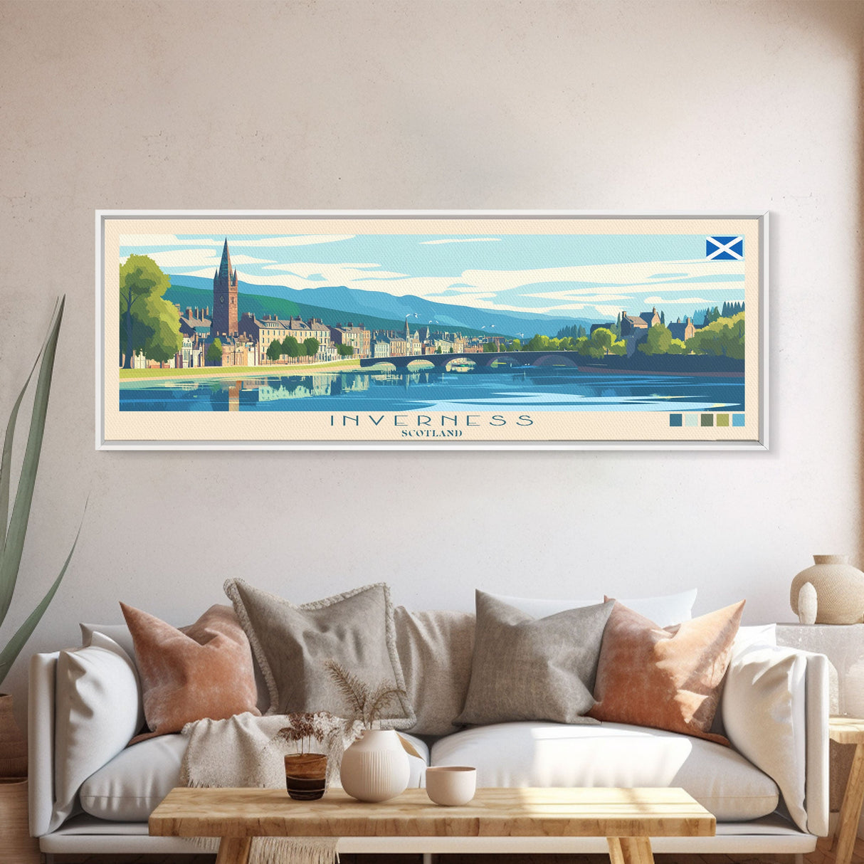 Inverness, Scotland Panoramic Travel Poster Canvas Print, Inverness, Scotland Painting, Scotland Art, Inverness Travel Art, Living Room Painting