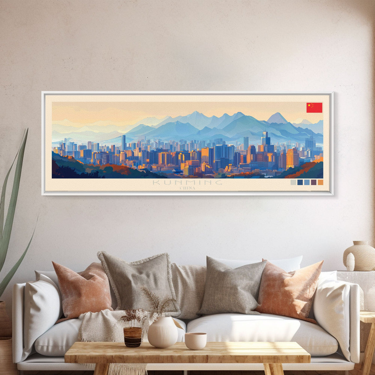 Kunming, China Panoramic Travel Poster Canvas Print, Kunming, China Painting, China Art, Kunming Travel Art, Guest Room Painting