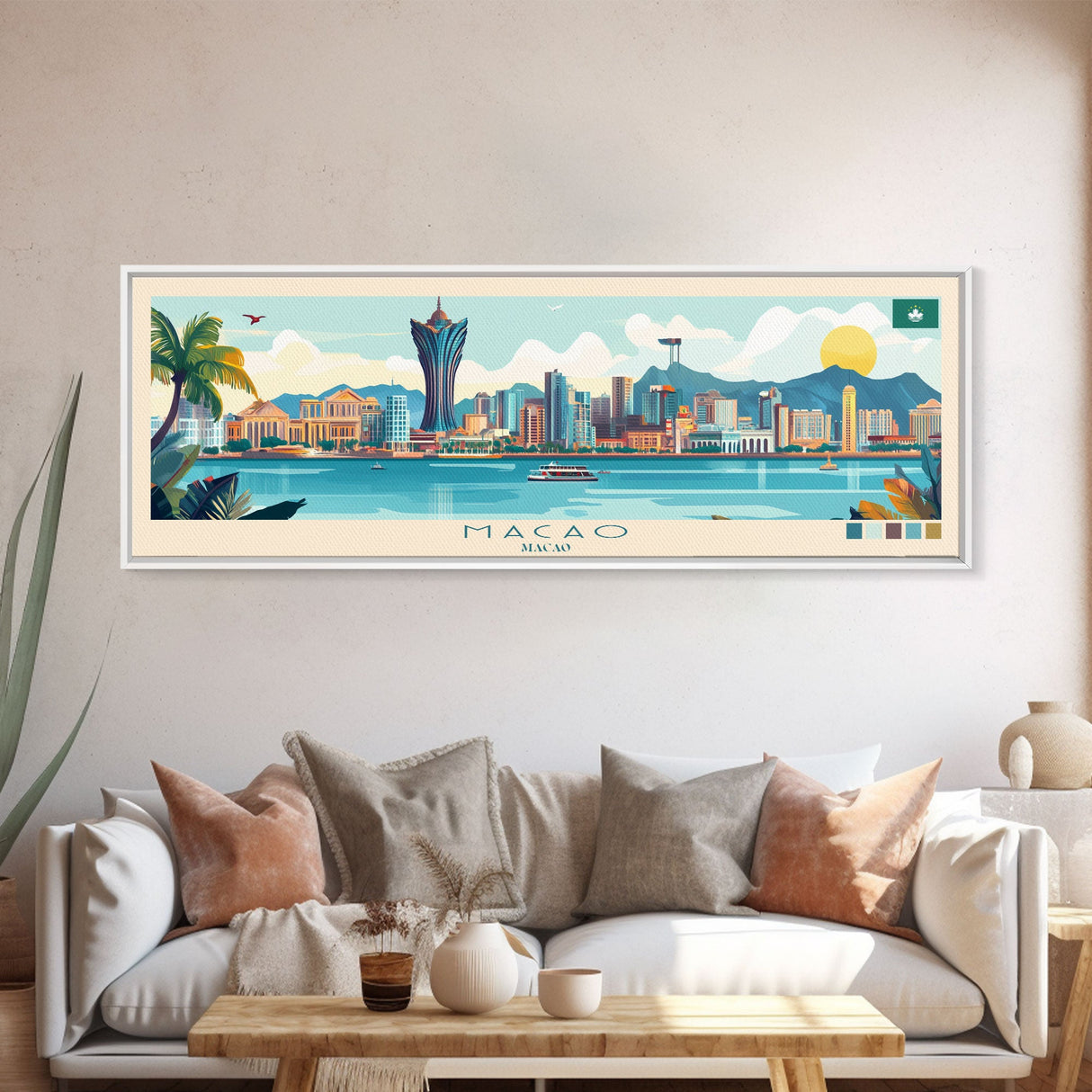 Macao, Macao Panoramic Travel Poster Canvas Print, Macao, Macao Painting, Macao Art, Macao Panoramic Travel Art, Travel Painting