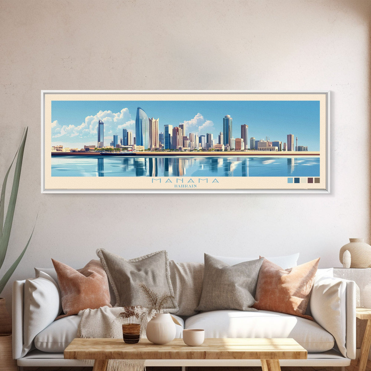 Manama, Bahrain Travel Poster Panoramic Canvas Print, Manama, Bahrain Painting, Bahrain Art, Manama Travel Art, Guest Room Painting