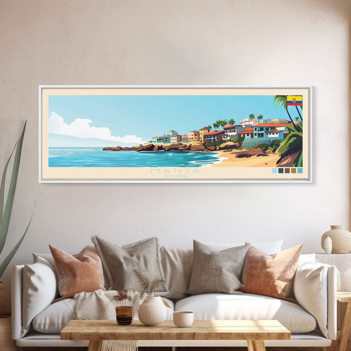 Manta, Ecuador Panoramic Travel Poster Canvas Print, Manta, Ecuador Painting, Ecuador Art, Manta Travel Art, Living Room Painting