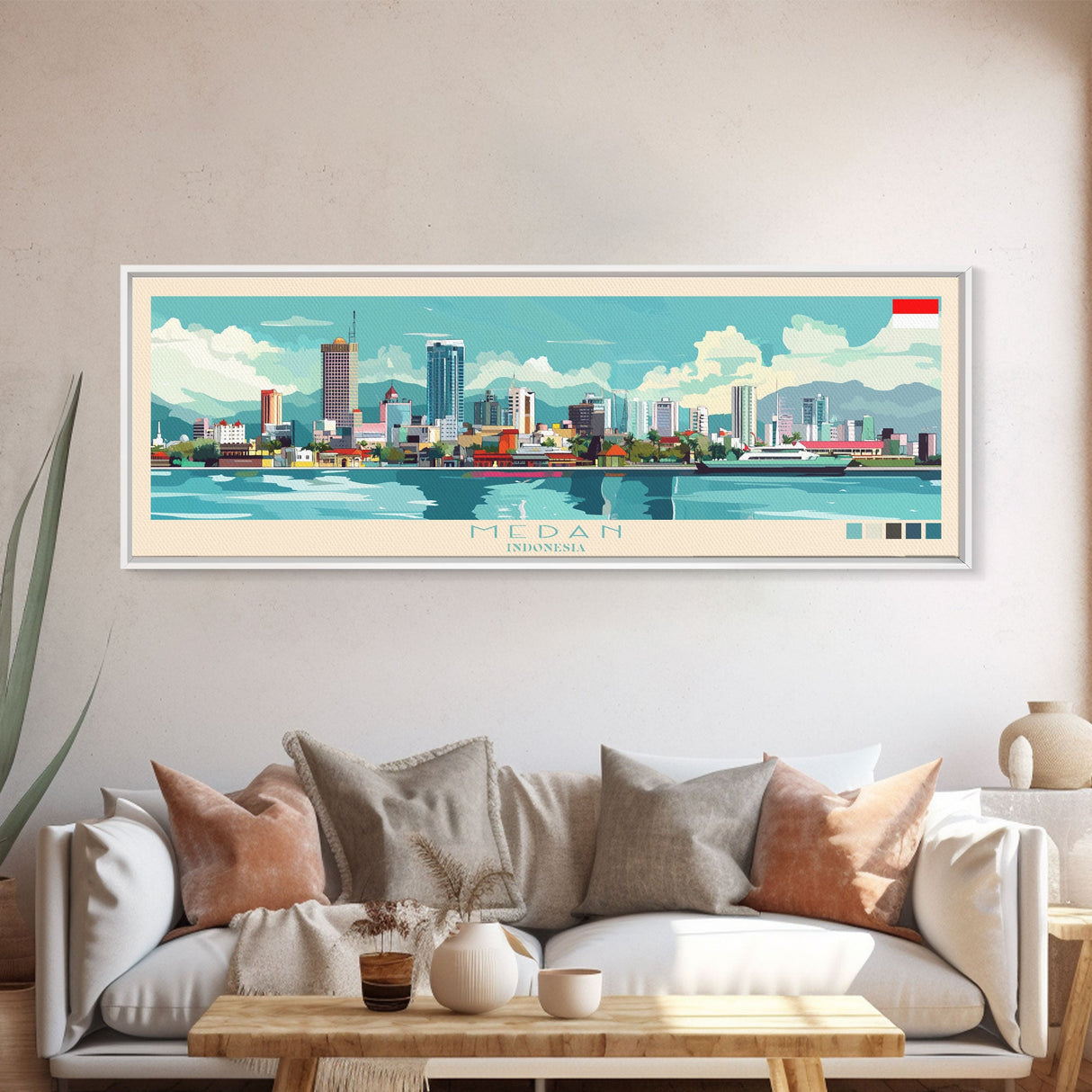 Medan, Indonesia Panoramic Travel Poster Canvas Print, Medan, Indonesia Painting, Indonesia Art, Medan Panoramic Travel Art, Travel Painting