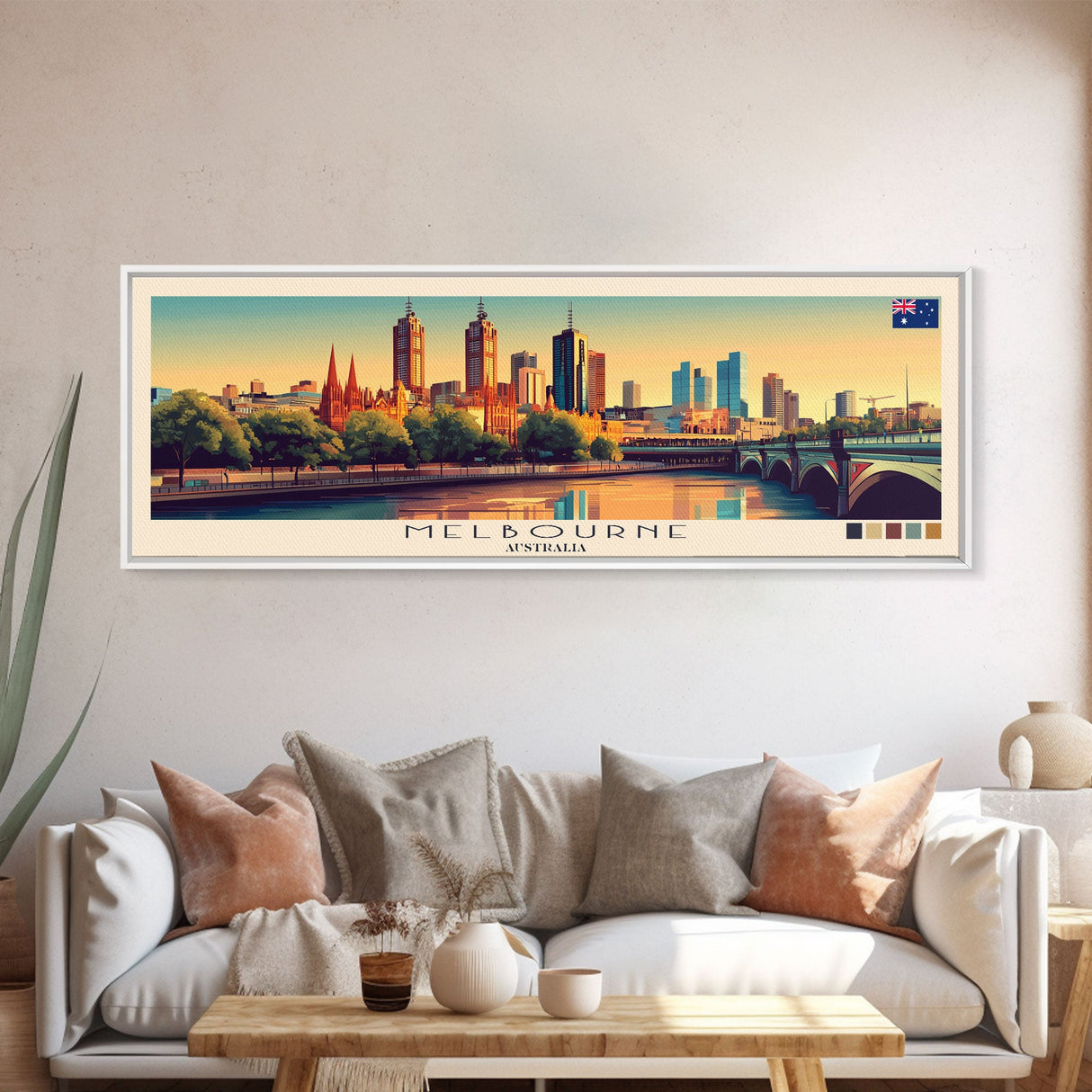 Melbourne, Australia Panoramic Travel Poster Canvas Print, Melbourne, Australia Painting, Australia Art, Melbourne Travel Art, Living Room Painting