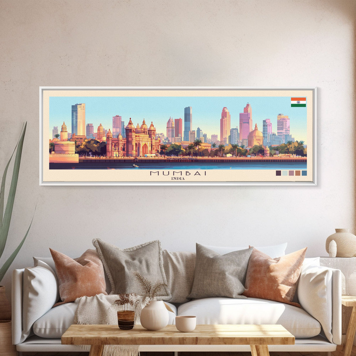 Mumbai, India Panoramic Travel Poster Canvas Print, Mumbai, India Painting, India Art, Mumbai Travel Art, Guest Room Painting