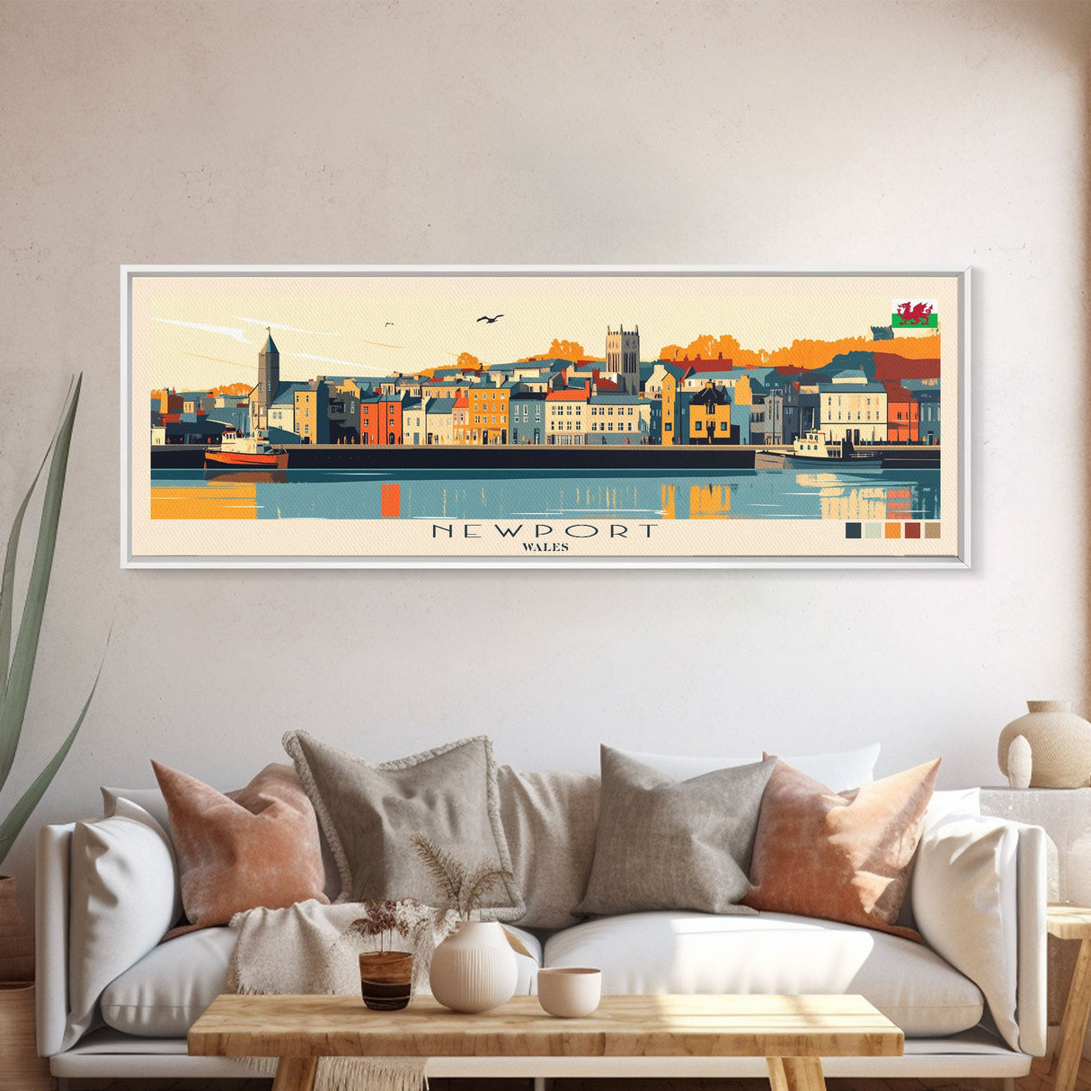 Newport, Wales Panoramic Travel Poster Canvas Print, Newport, Wales Painting, Wales Art, Newport Travel Art, Guest Room Painting