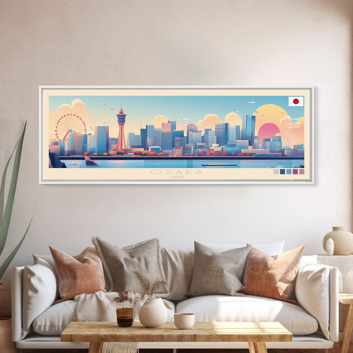 Osaka, Japan Panoramic Travel Poster Canvas Print, Osaka, Japan Painting, Japan Art, Osaka Travel Art, Guest Room Painting