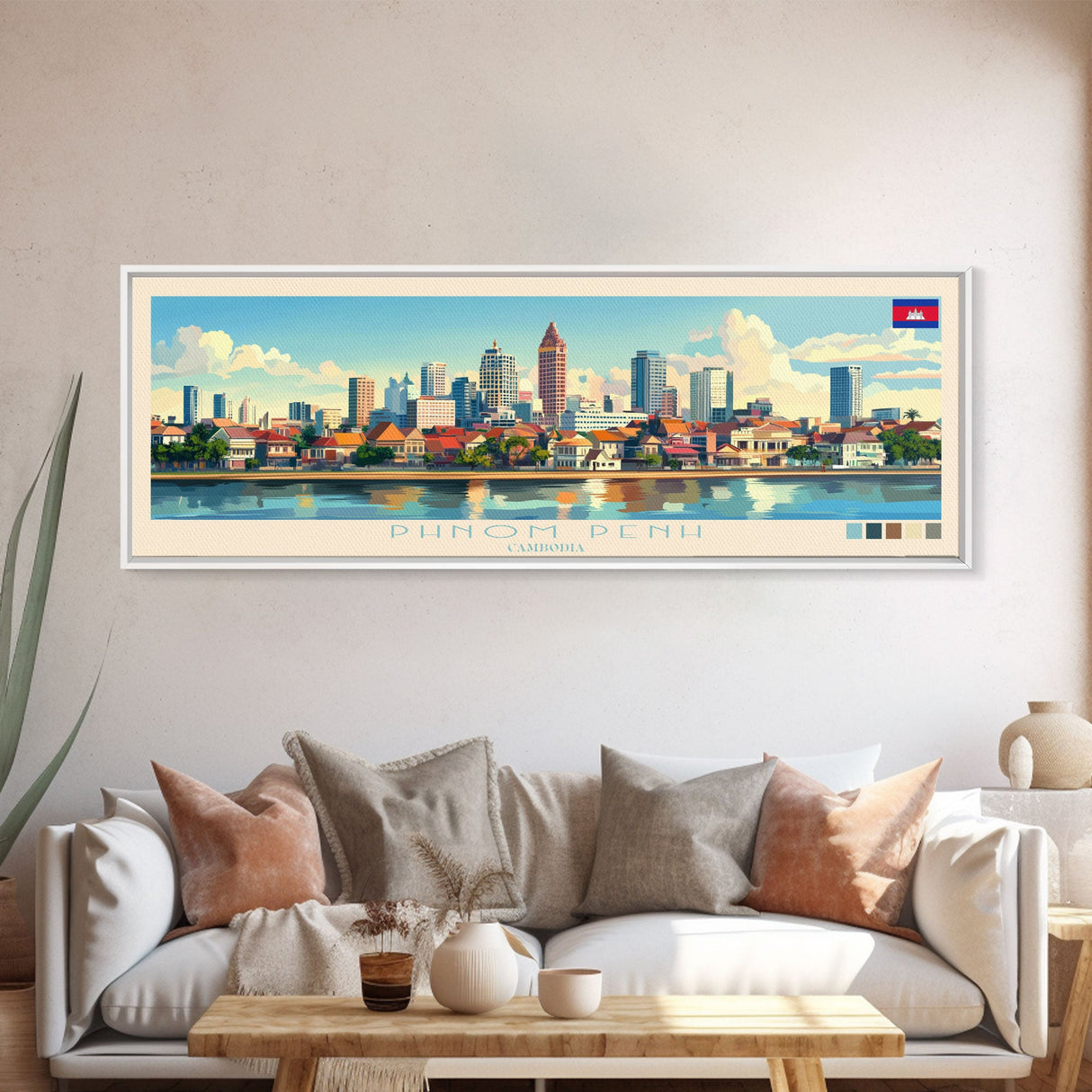 Phnom Penh, Cambodia Panoramic Travel Poster Canvas Print, Phnom Penh, Cambodia Painting, Cambodia Art, Phnom Penh Travel Art, Guest Room Painting