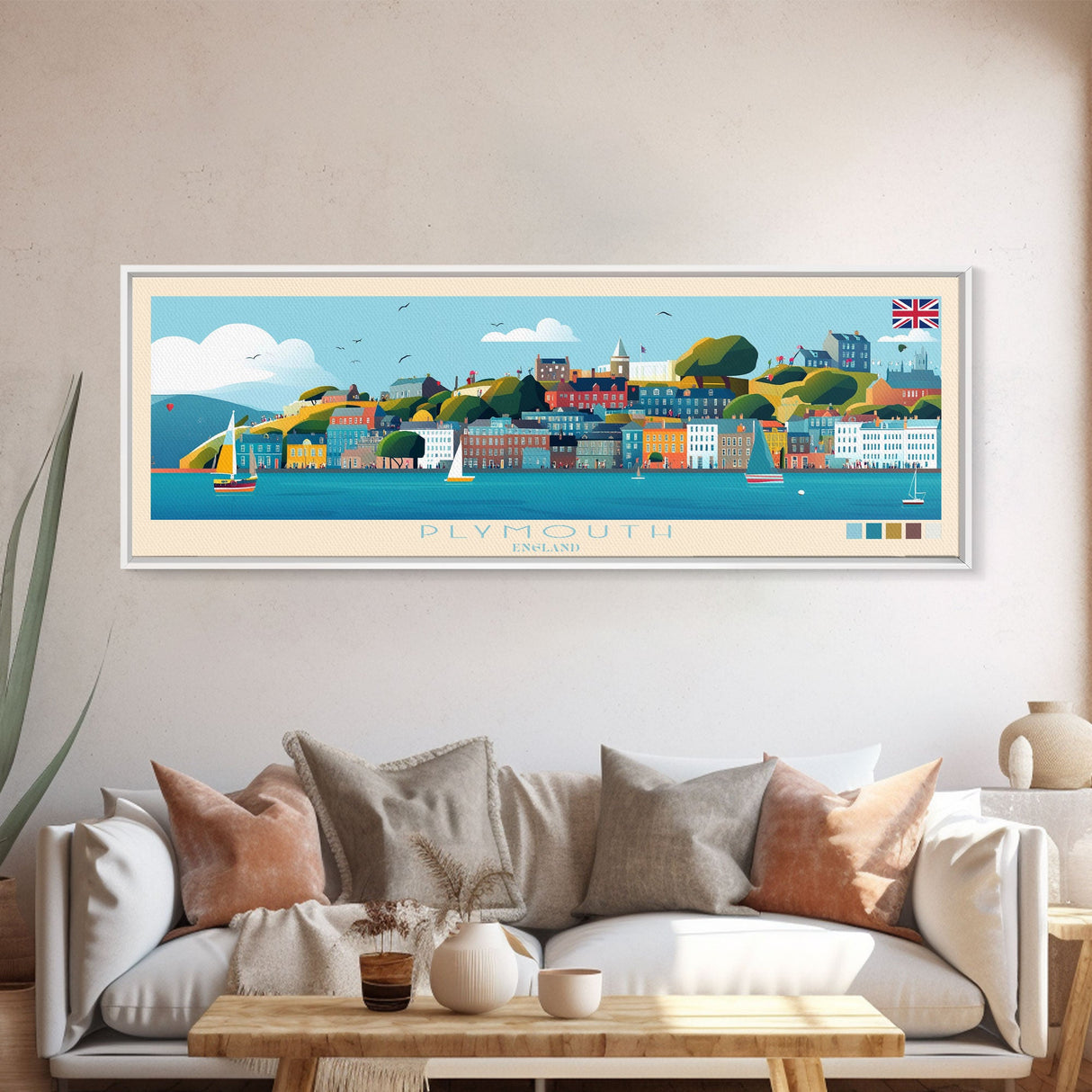 Plymouth, England Panoramic Travel Poster Canvas Print, Plymouth, England Painting, England Art, Plymouth Travel Art, Guest Room Painting