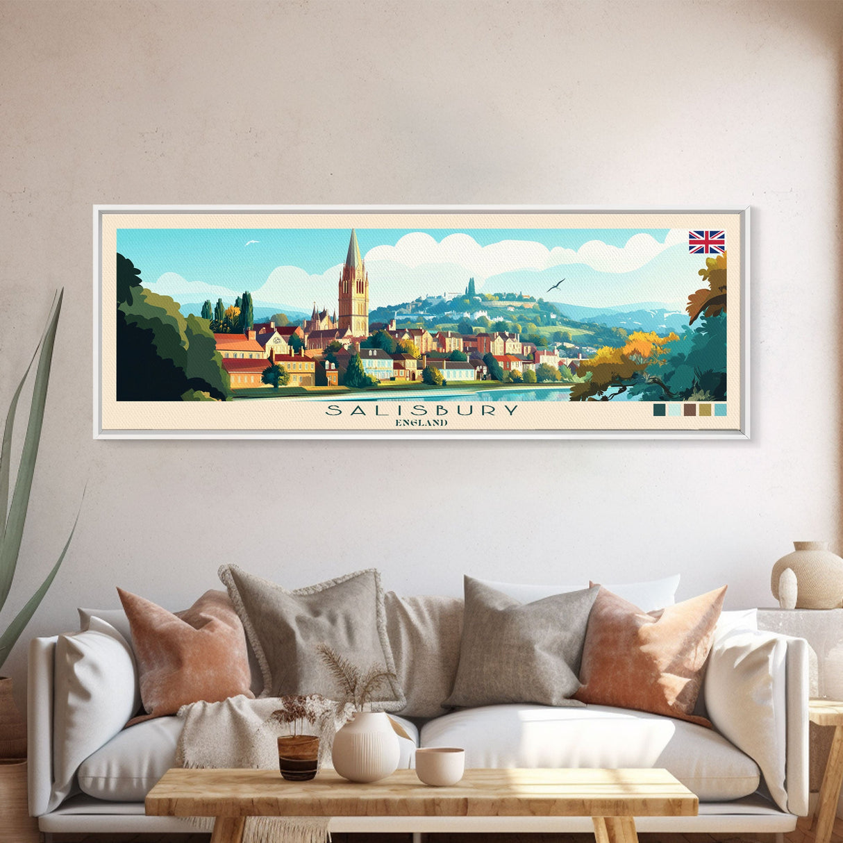 Panoramic Travel Poster Salisbury, England Canvas Print, Salisbury, England Painting, England Art, Salisbury Travel Art, Guest Room Painting