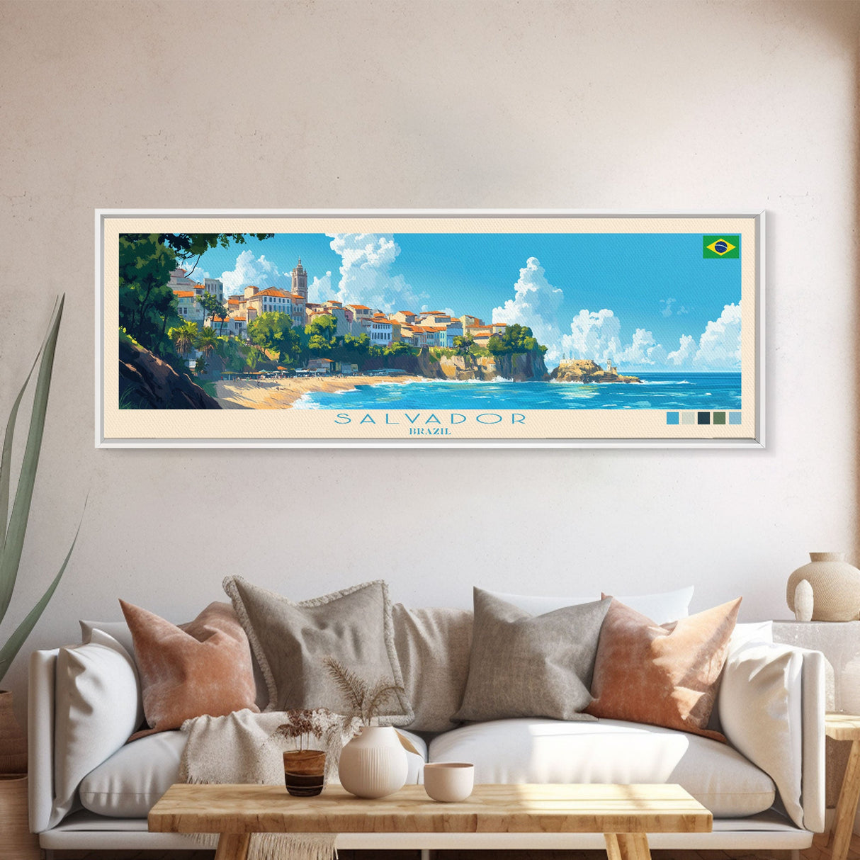 Salvador, Brazil Panoramic Travel Poster Canvas Print, Salvador, Brazil Painting, Brazil Art, Salvador Travel Art, Guest Room Painting