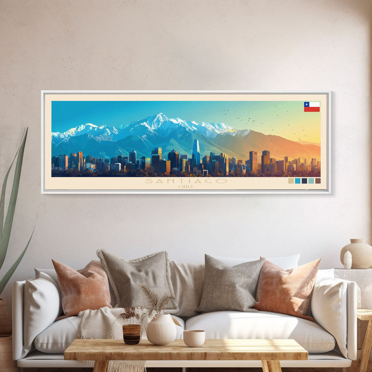 Santiago, Chile Travel Poster Panoramic Canvas Print, Santiago, Chile Painting, Chile Art, Santiago Travel Art, Guest Room Painting