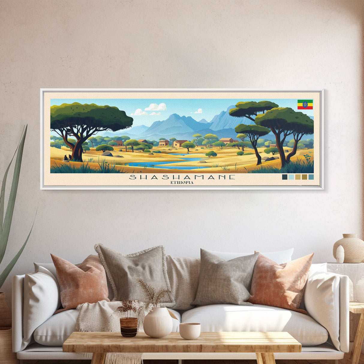 Shashamane, Ethiopia Travel Poster Panoramic Canvas Print, Shashamane, Ethiopia Painting, Ethiopia Art, Shashamane Travel Art, Guest Room Painting