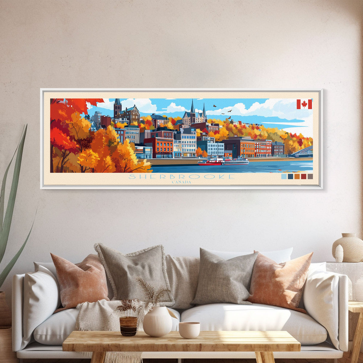 Sherbrooke, Canada Panoramic Travel Poster Canvas Print, Sherbrooke, Canada Painting, Canada Art, Sherbrooke Panoramic Travel Art, Travel Painting