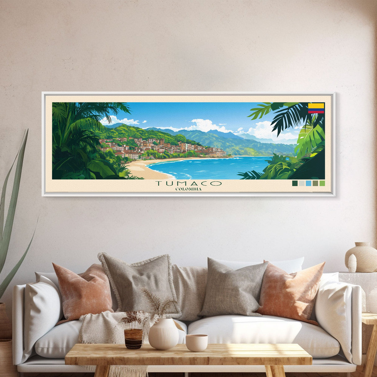 Tumaco, Colombia Panoramic Travel Poster Canvas Print, Tumaco, Colombia Painting, Colombia Art, Tumaco Panoramic Travel Art, Travel Painting