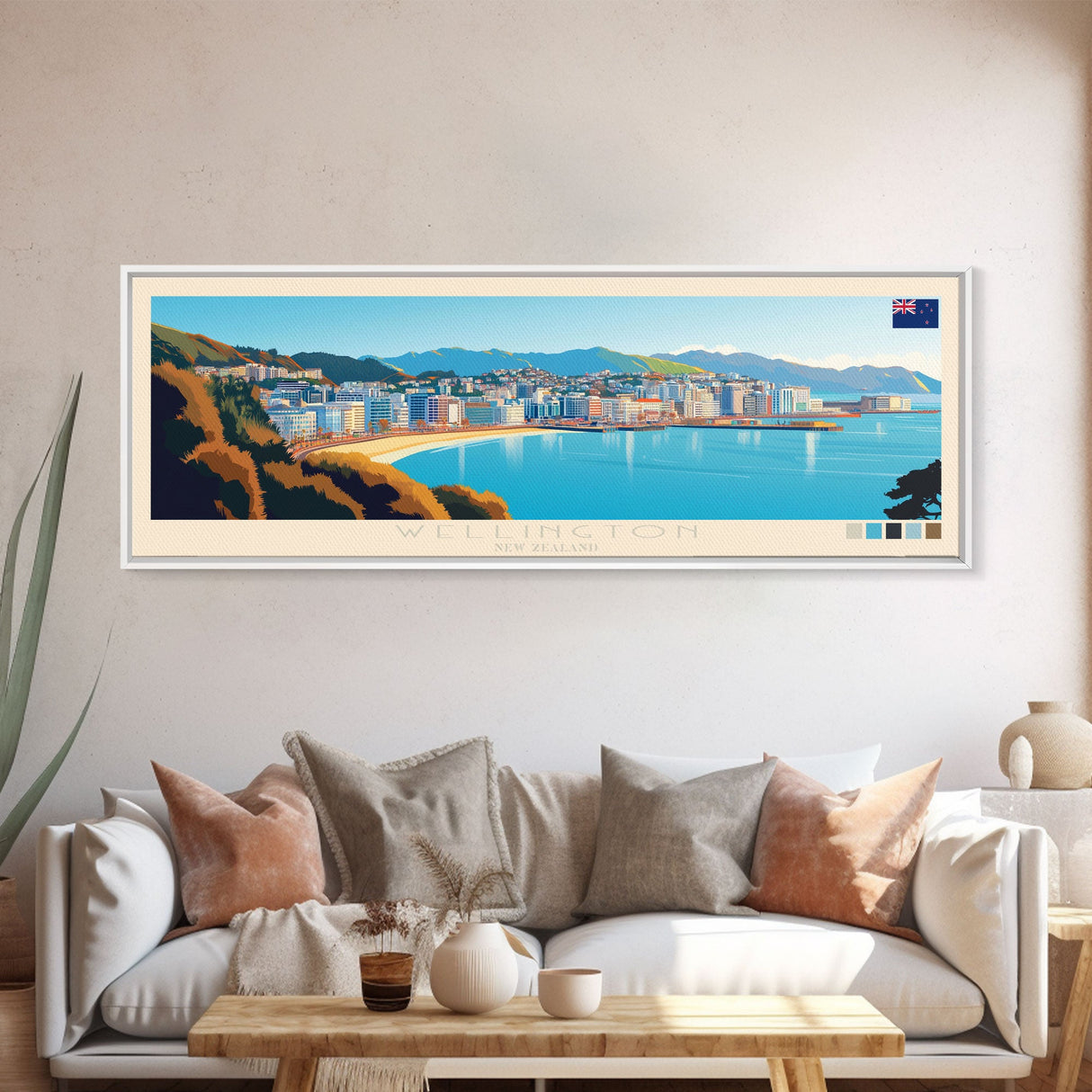 Wellington, New Zealand Panoramic Travel Poster Canvas Print, Wellington, New Zealand Painting, New Zealand Art, Wellington Panoramic Travel Art, Travel Painting