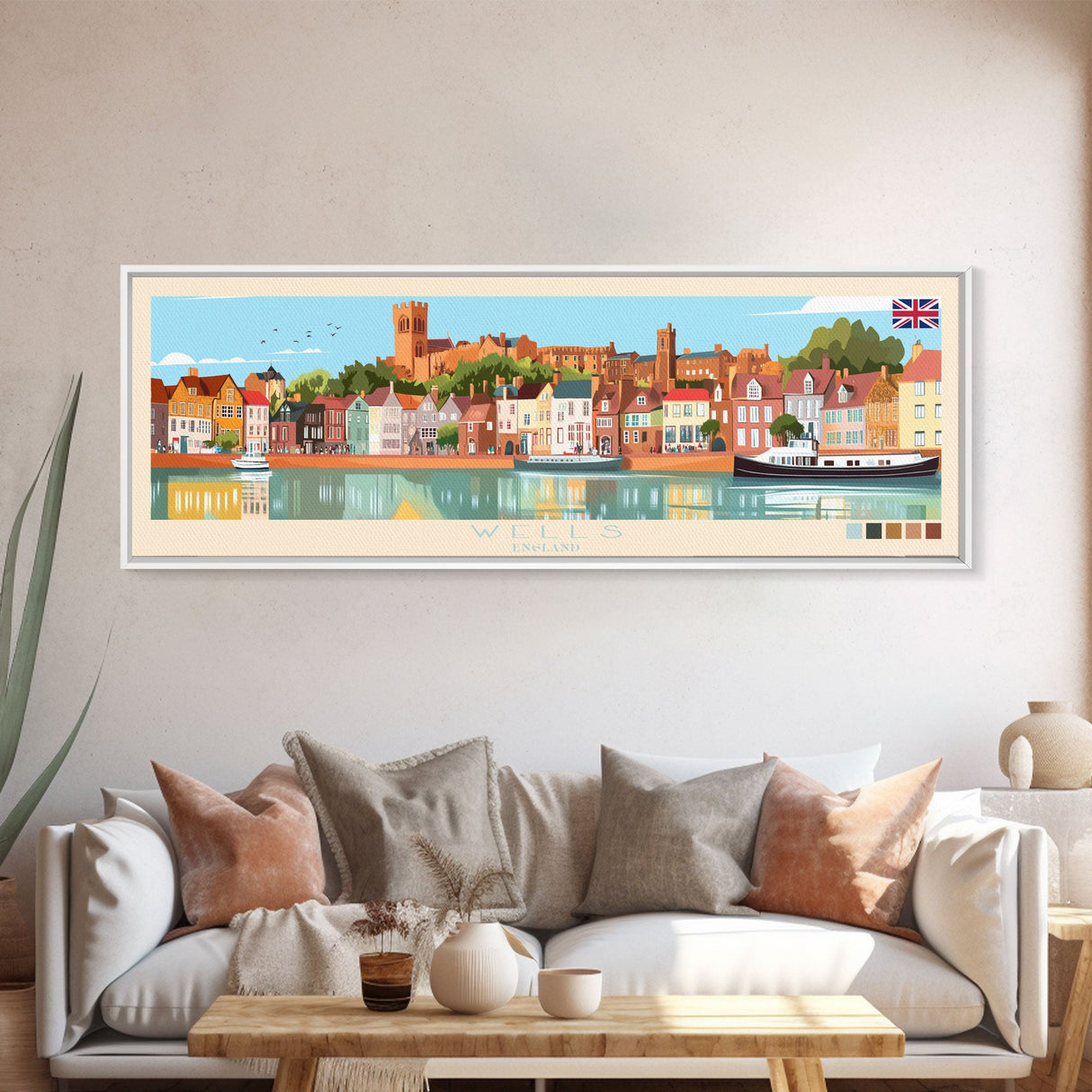 Wells, England Panoramic Travel Poster Canvas Print, Wells, England Painting, England Art, Wells Travel Art, Guest Room Painting