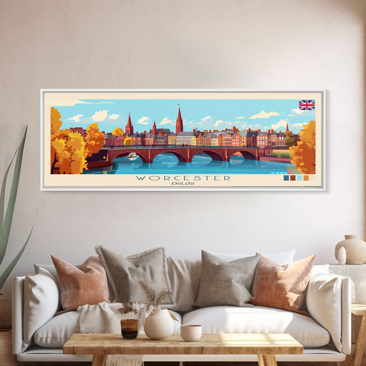 Worcester, England Panoramic Travel Poster Canvas Print, Worcester, England Painting, England Art, Worcester Travel Art, Guest Room Painting