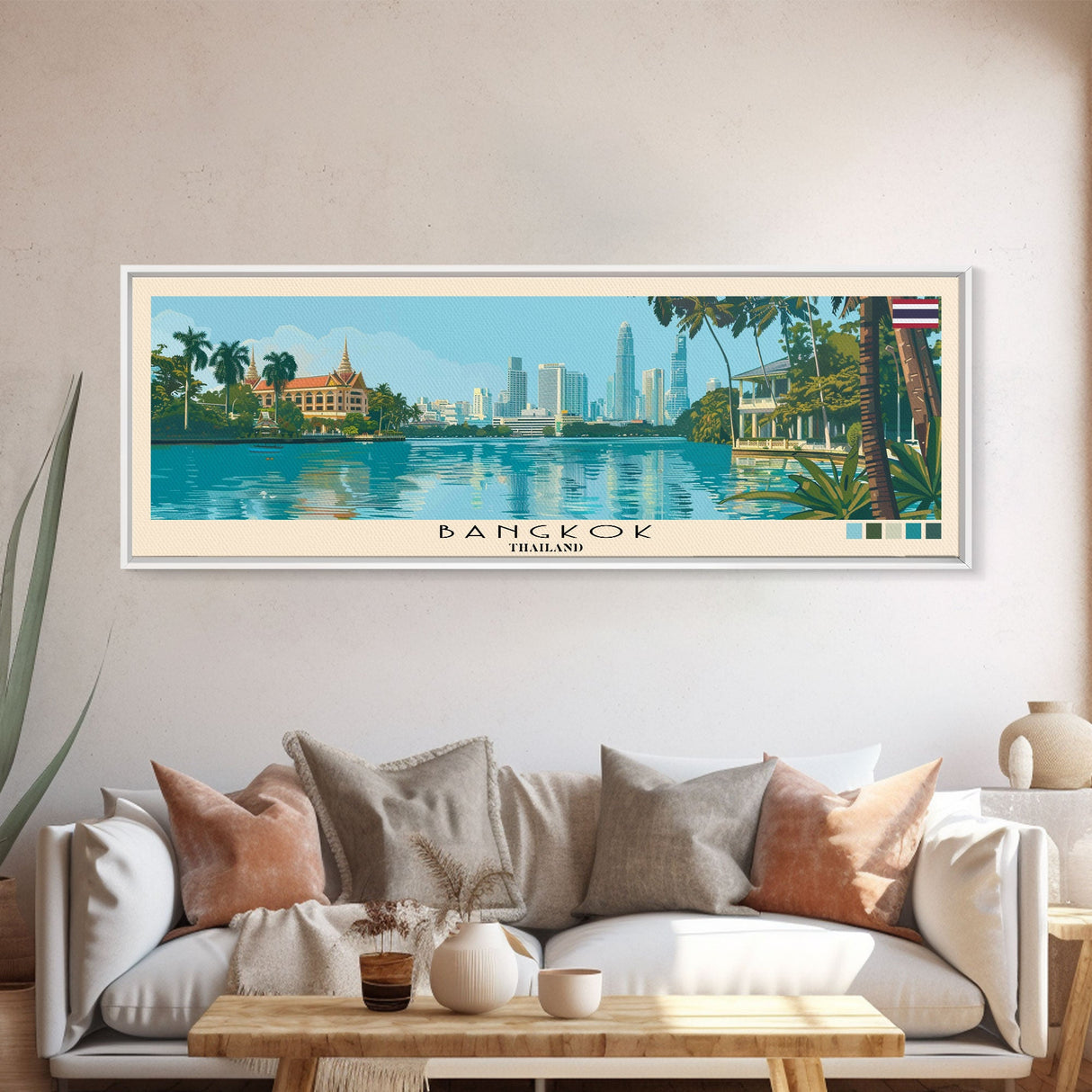 Bangkok, Thailand Panoramic Canvas Print, Bangkok, Thailand Painting, Thailand Art, Bangkok Travel Poster, Travel Art, Living Room Painting