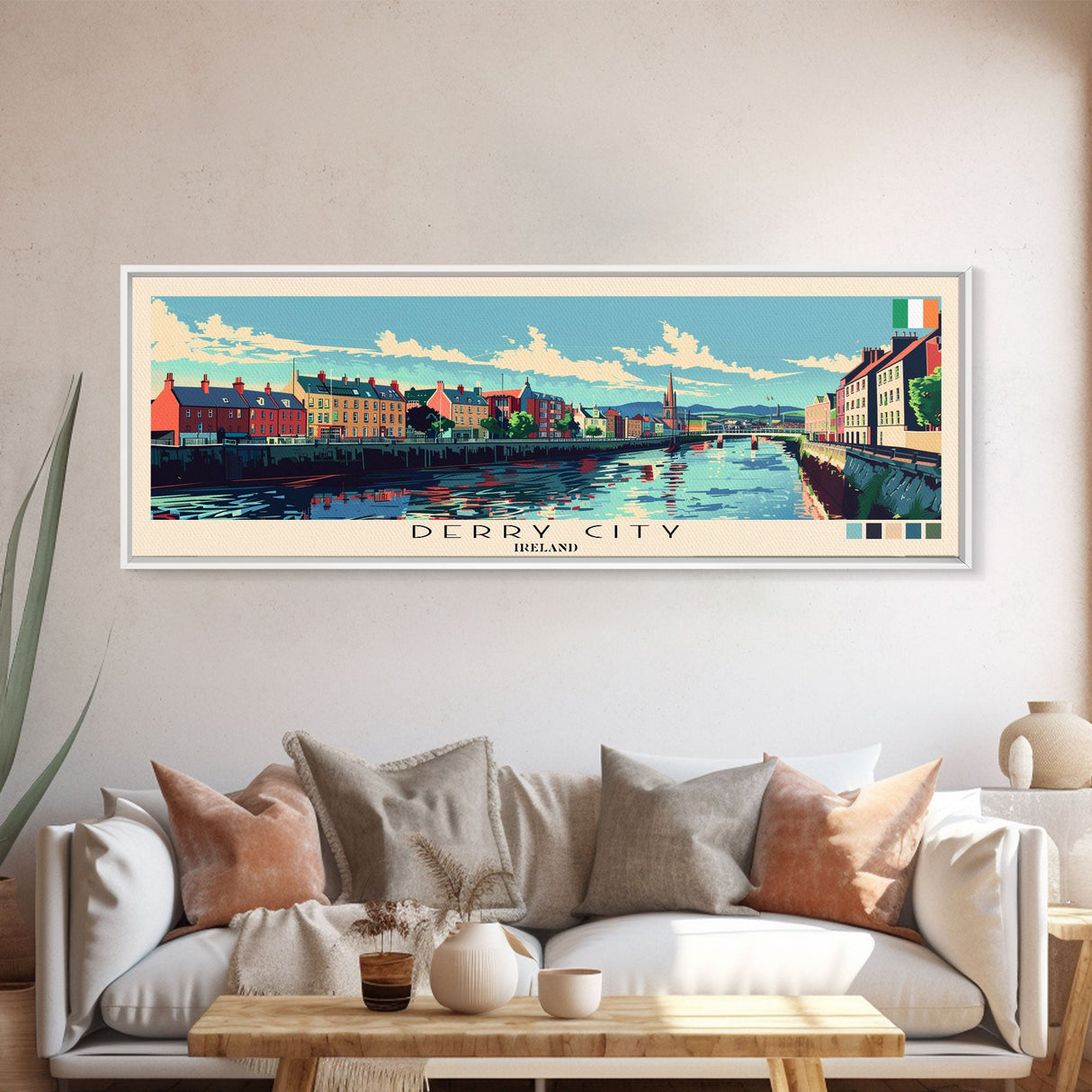 Derry City, Ireland Panoramic Canvas Print, Derry City, Ireland Painting, Ireland Art, Derry City Travel Poster, Travel Art, Living Room Painting