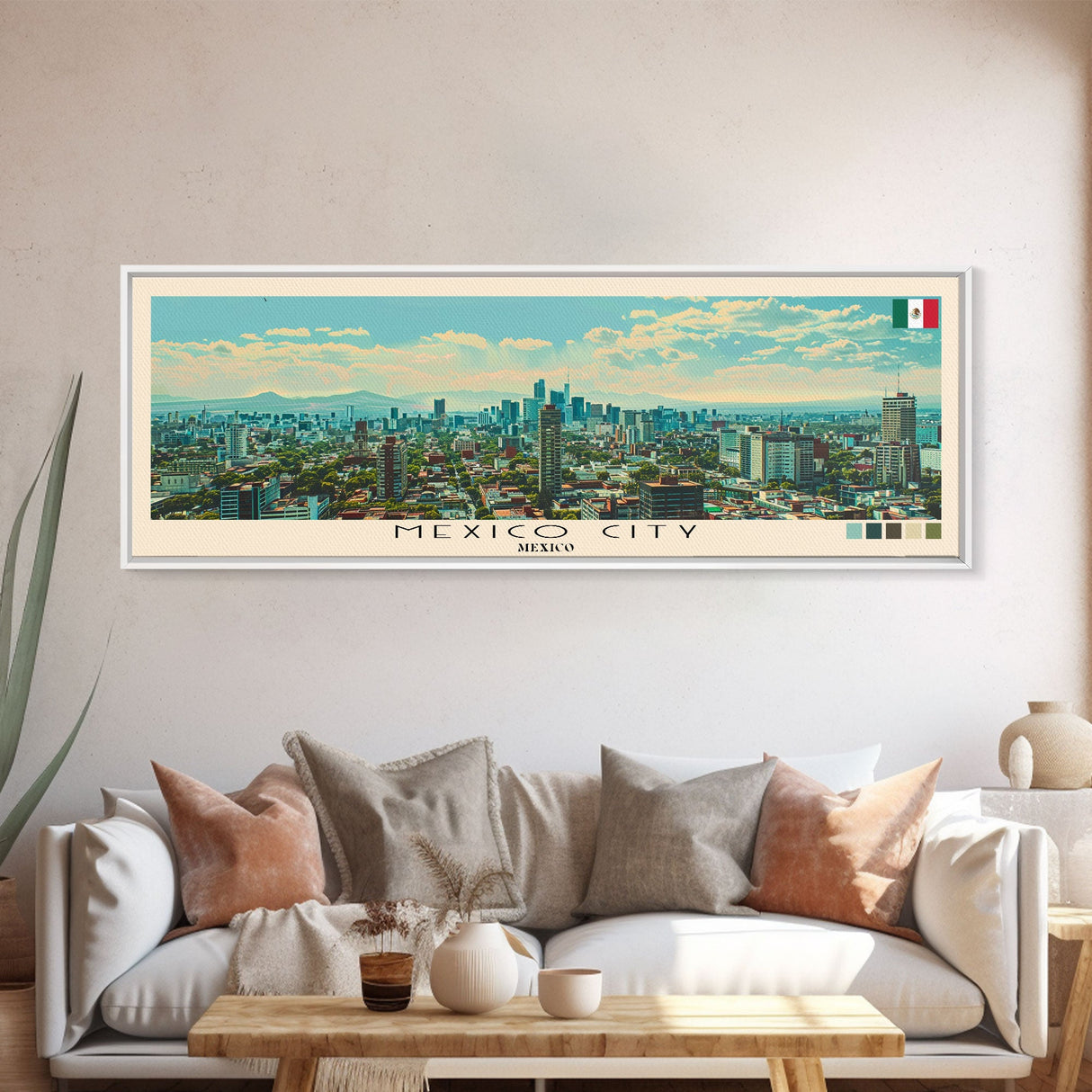 Mexico City, Mexico Panoramic Canvas Print, Mexico City, Mexico Painting, Mexico Art, Mexico City Travel Poster, Travel Art, Guest Room Painting