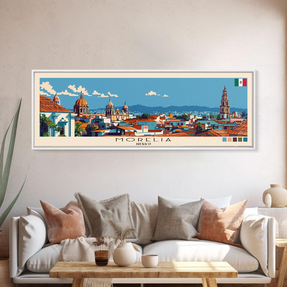 Morelia, Mexico Panoramic Canvas Print, Morelia, Mexico Painting, Mexico Art, Morelia Travel Poster, Travel Art, Vacation Gift