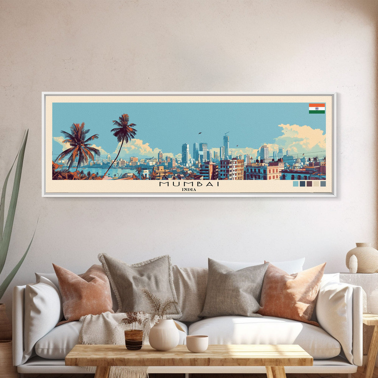 Mumbai, India Panoramic Canvas Print, Mumbai, India Painting, India Art, Mumbai Travel Poster, Travel Art, Guest Room Painting