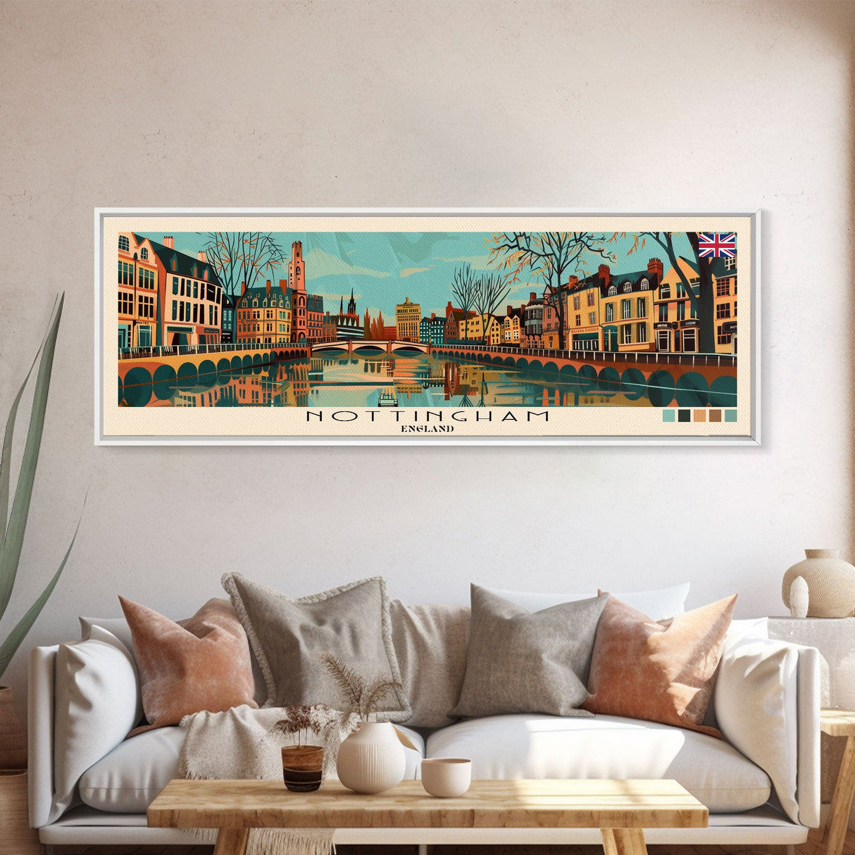 Nottingham, England Panoramic Canvas Print, Nottingham, England Painting, England Art, Nottingham Travel Poster, Travel Art, Living Room Painting