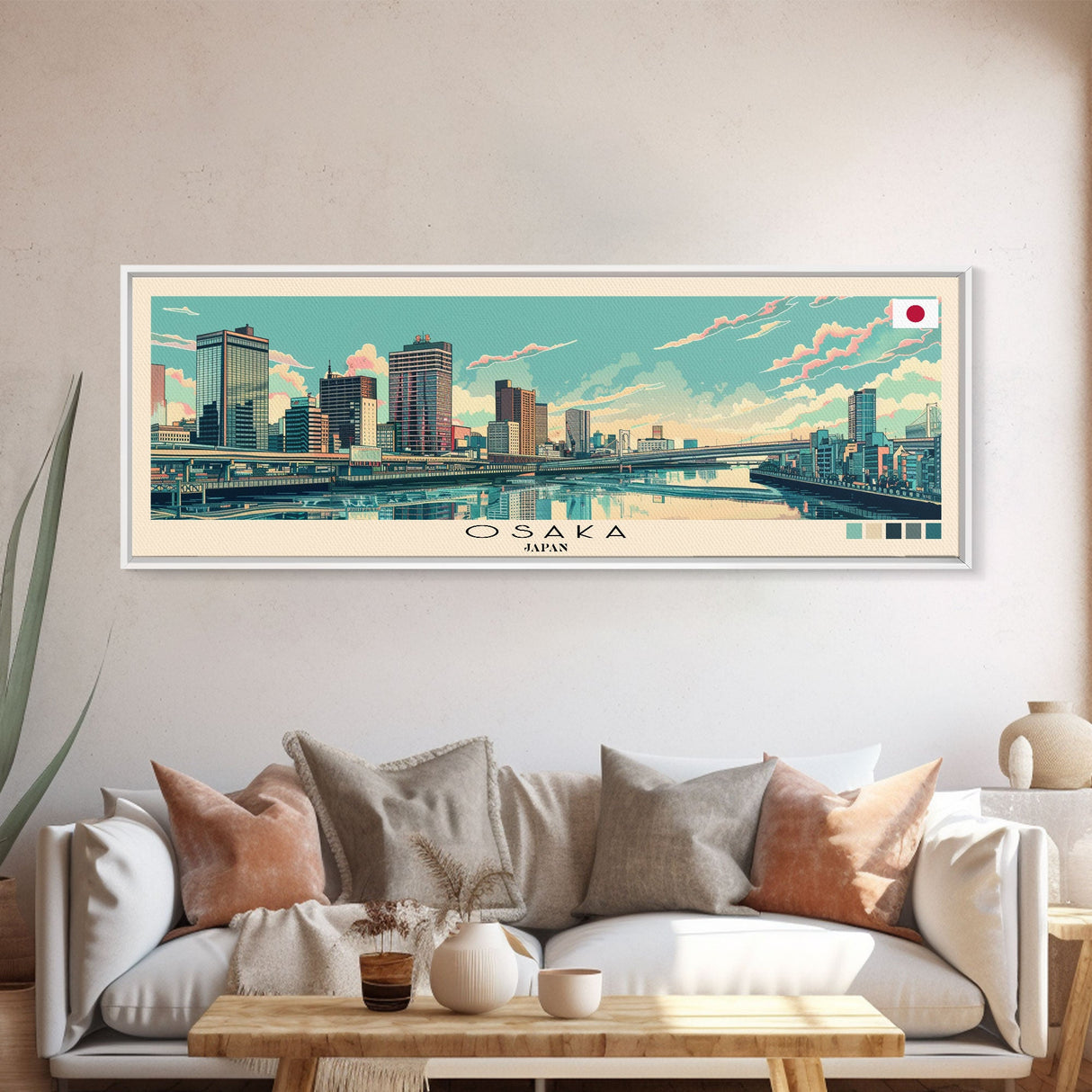 Osaka, Japan Panoramic Canvas Print, Osaka, Japan Painting, Japan Art, Osaka Travel Poster, Travel Art, Vacation Gift