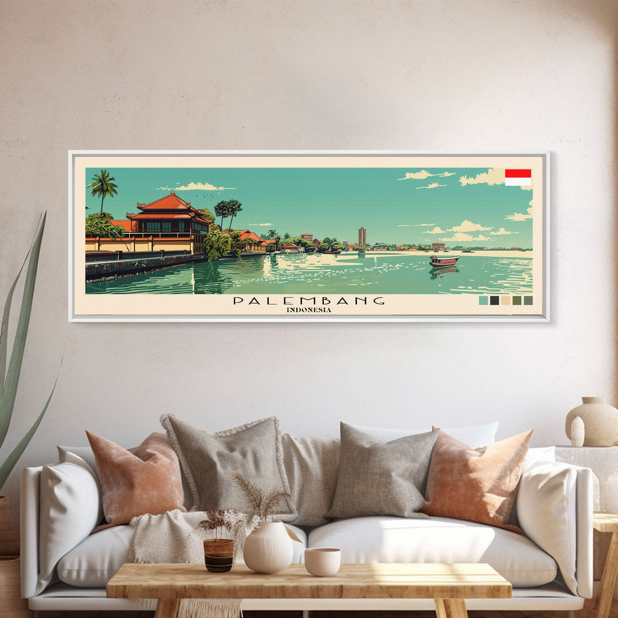 Palembang, Indonesia Panoramic Canvas Print, Palembang, Indonesia Painting, Indonesia Art, Palembang Travel Poster, Travel Art, Guest Room Painting