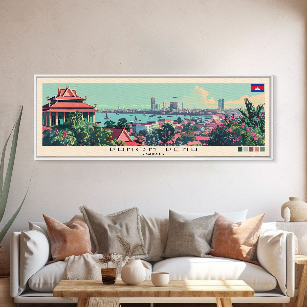 Phnom Penh, Cambodia Panoramic Canvas Print, Phnom Penh, Cambodia Painting, Cambodia Art, Phnom Penh Travel Poster, Travel Art, Guest Room Painting