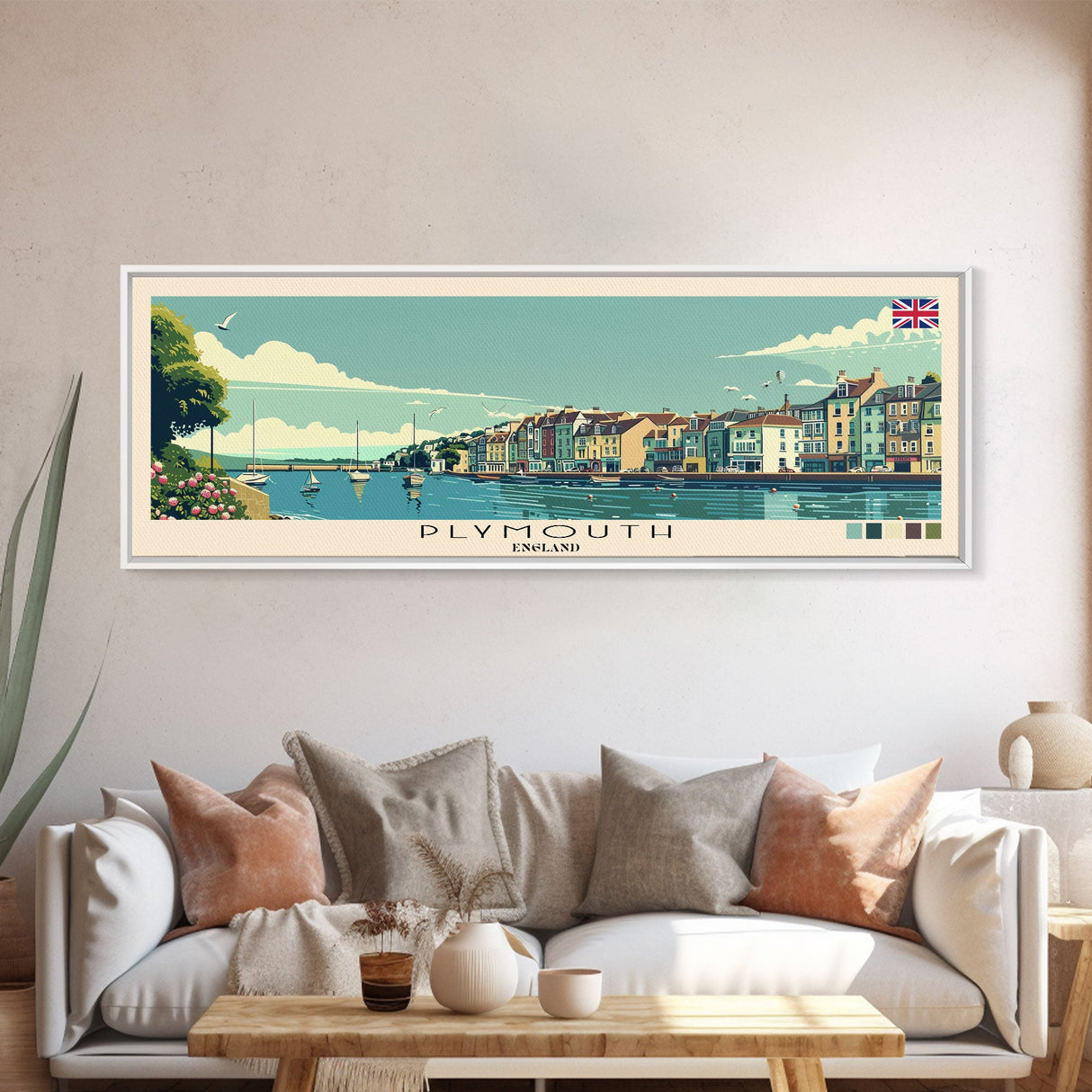 Plymouth, England Panoramic Canvas Print, Plymouth, England Painting, England Art, Plymouth Travel Poster, Travel Art, Guest Room Painting