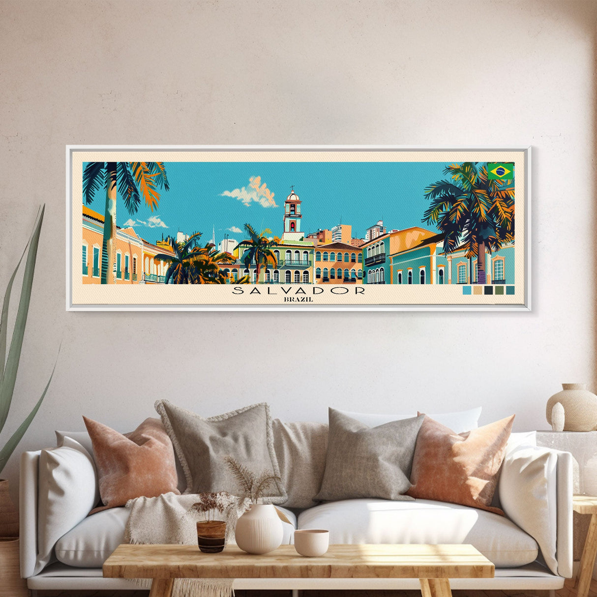 Salvador, Brazil Panoramic Canvas Print, Salvador, Brazil Painting, Brazil Art, Salvador Travel Poster, Travel Art, Guest Room Painting