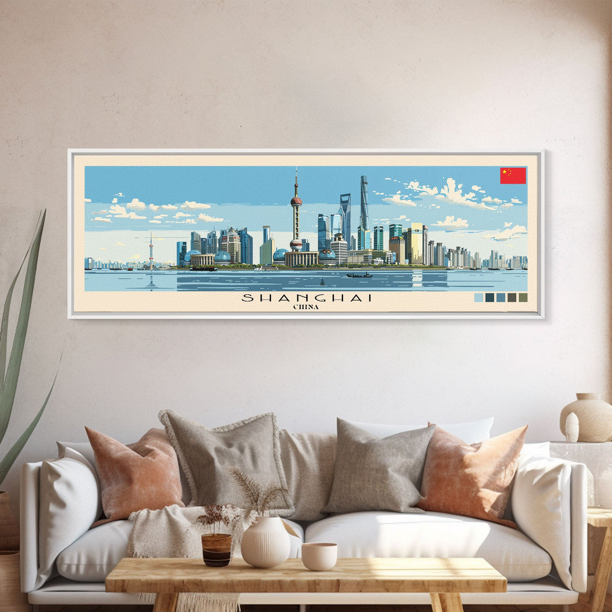 Shanghai, China Panoramic Canvas Print, Shanghai, China Painting, China Art, Shanghai Travel Poster, Travel Art, Housewarming Gift