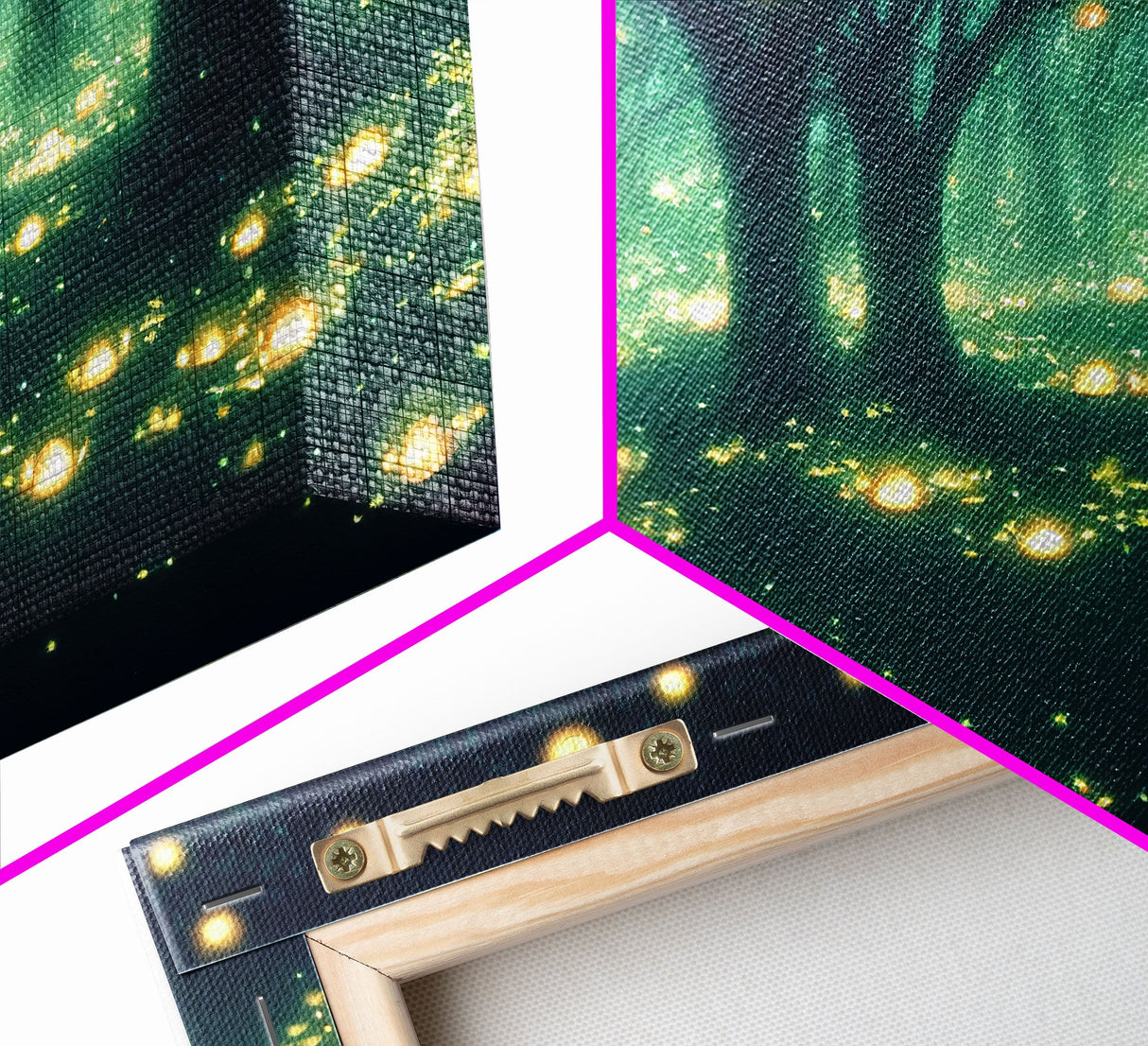 Fantasy forest wall decor, ready to hang 3 piece canvas print, 3 piece wall art, firefly wall art, Fireflies In A Fairy Forest at Night