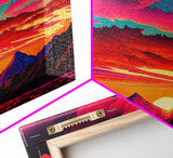 Panoramic Framed Canvas Print | Desert Mountain Landscape Synthwave Sunset | Living Room, Bedroom, Dining Room, Office